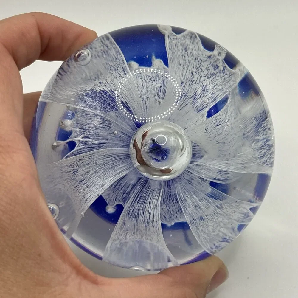 Pier 1 Art Glass Cobalt Blue Clear Paperweight White Flower Controlled Bubbles